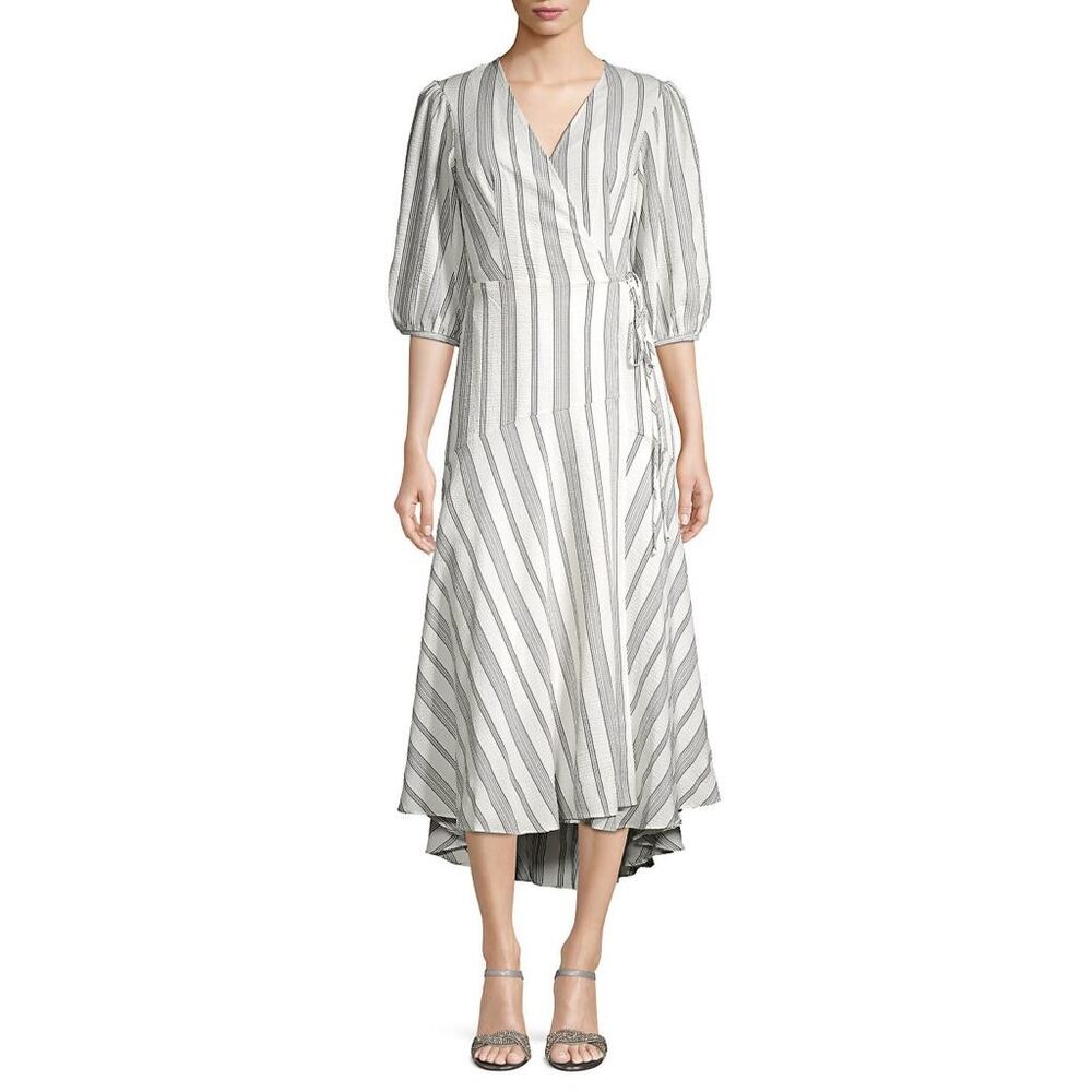 Calvin Klein White Gray Striped Faux Wrap Crepe Midi Dress 10 Classic‎ Work